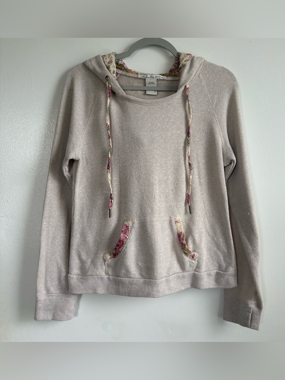 American Rag Cie Women’s Beige Floral Pullover Hoodie Pockets Size L